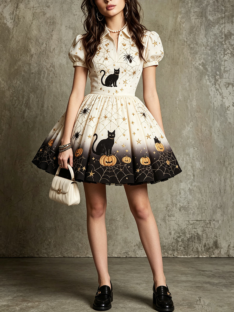 Cream Black Cat Pumpkin Mini Dress