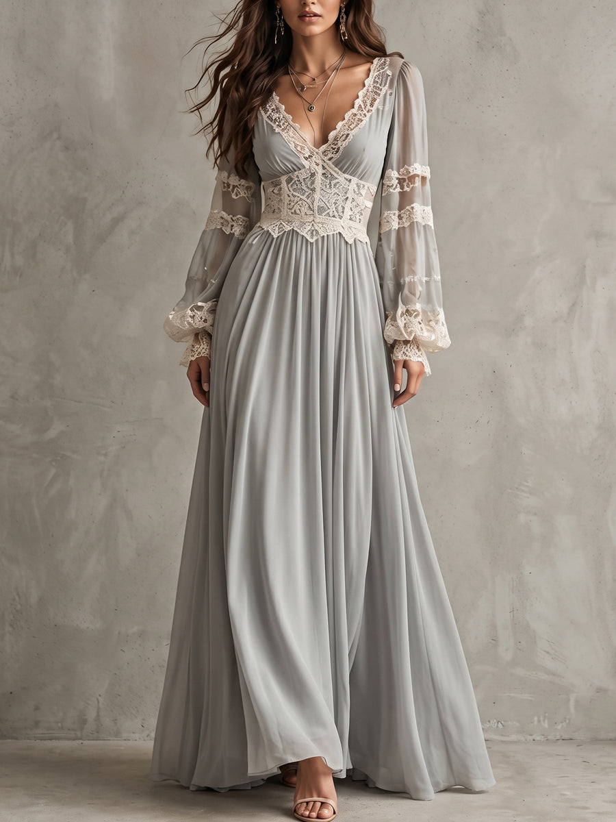 Blue Grey Lace Corset Maxi Dress