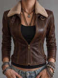Dark Brown Shearling Collar Leather Jacket