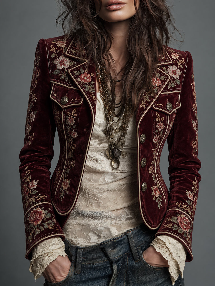 Burgundy Floral Embroidered Velvet Jacket
