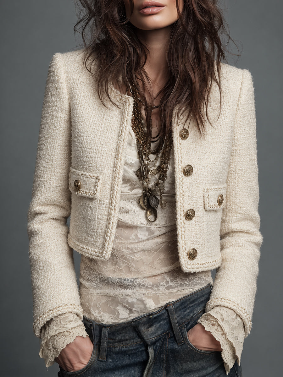 Camel Collarless Cropped Military Jacket