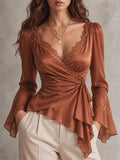 Rust Scarf-Tie Sheer Blouse