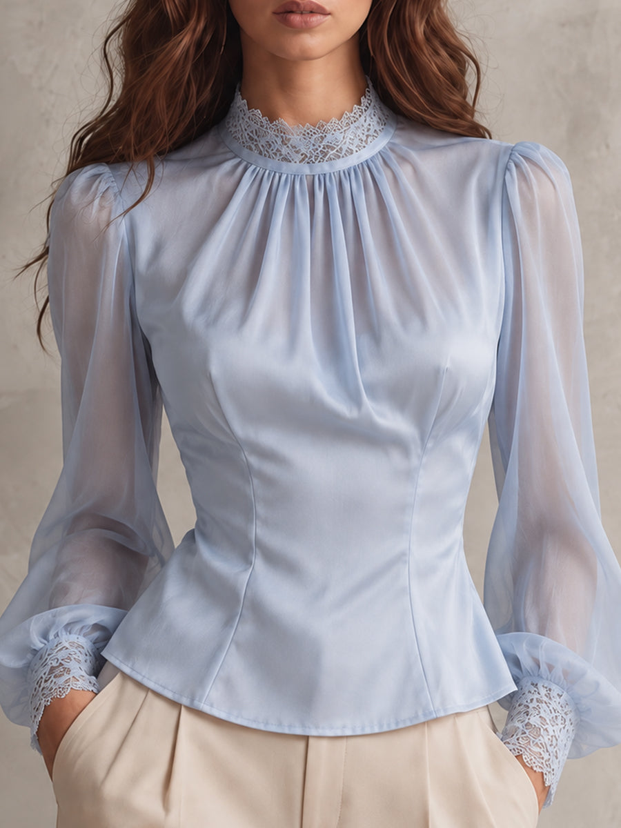 Ivory Lace-Front Button Blouse
