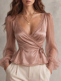 Ivory Satin Lace-Sleeve Peplum Top