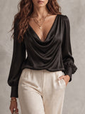 Black Satin Cowl-Neck Blouse