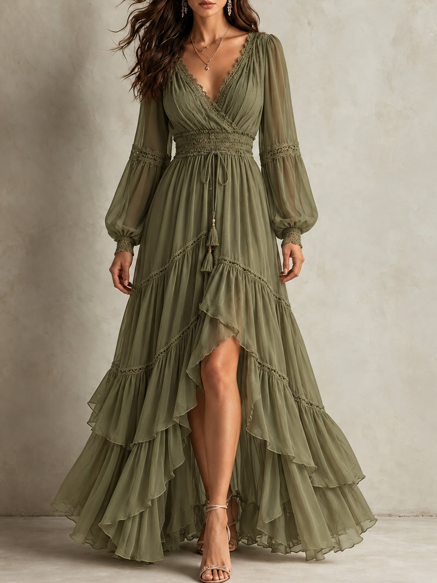 Sage Green Wrap Ruffle Maxi Dress
