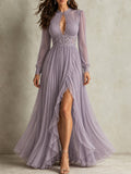 Taupe Collared Chiffon Maxi Dress