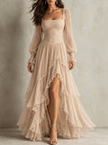 Champagne Ruched Ruffle Maxi Dress