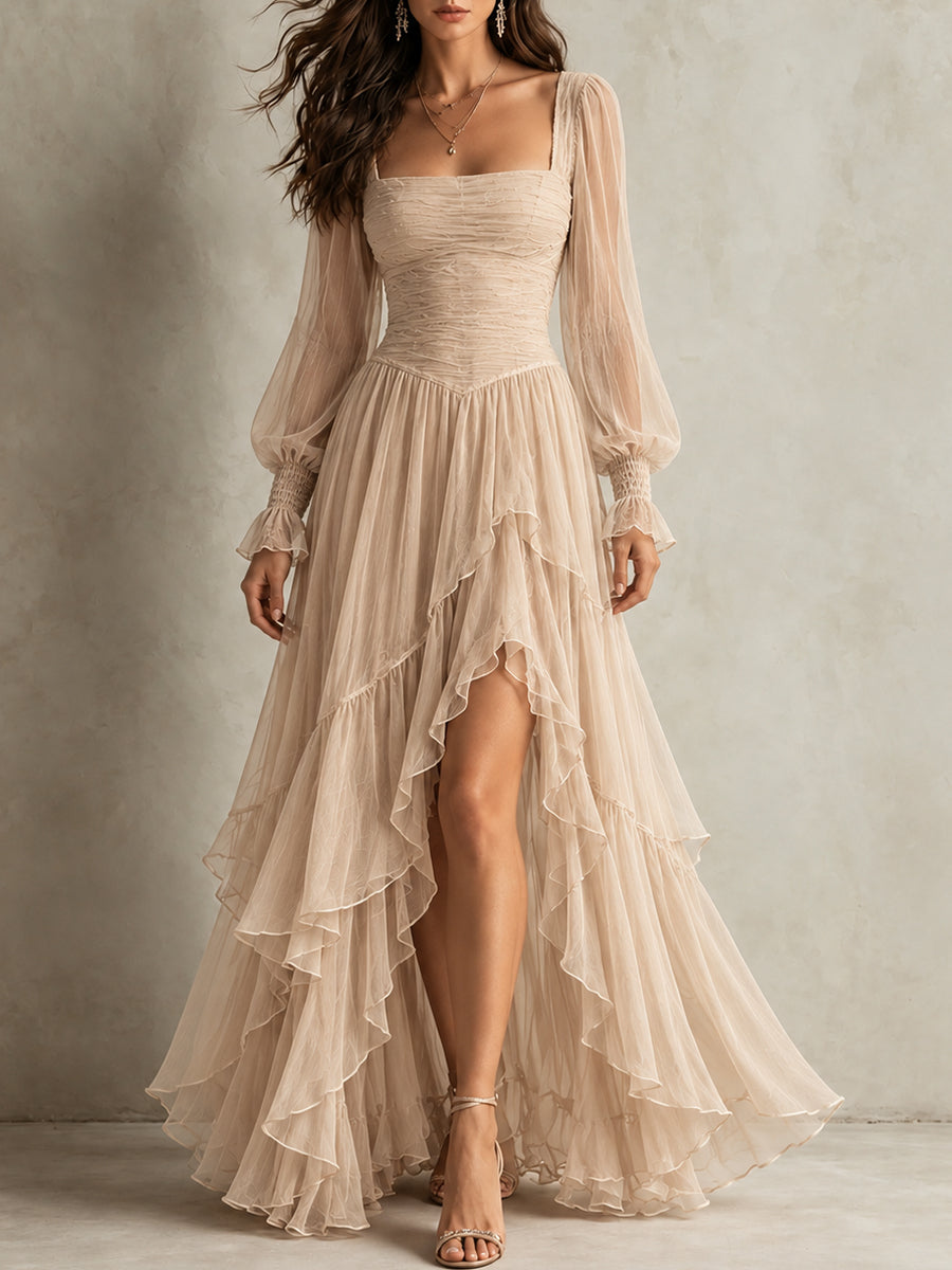 Champagne Ruched Ruffle Maxi Dress