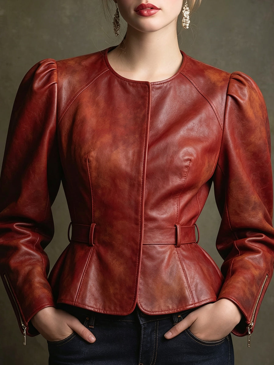 Rust Faux Leather Peplum Jacket