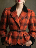 Orange Plaid Velvet Trim Peplum Jacket