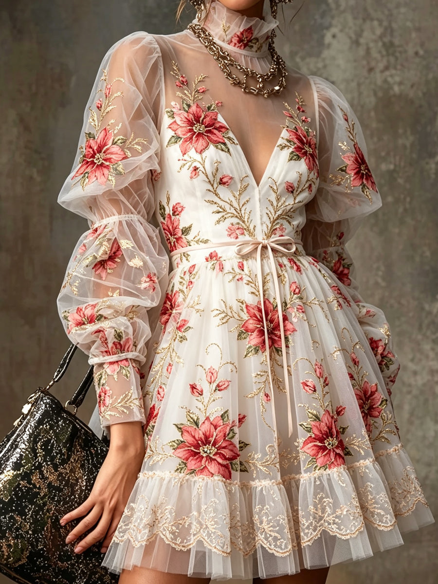 Cream Tulle Embroidered V-Neck Mini Dress