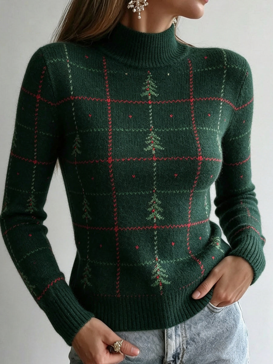 Green Plaid Christmas Tree Turtleneck Sweater