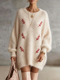Cream Festive Embroidered Fuzzy Knit Tunic