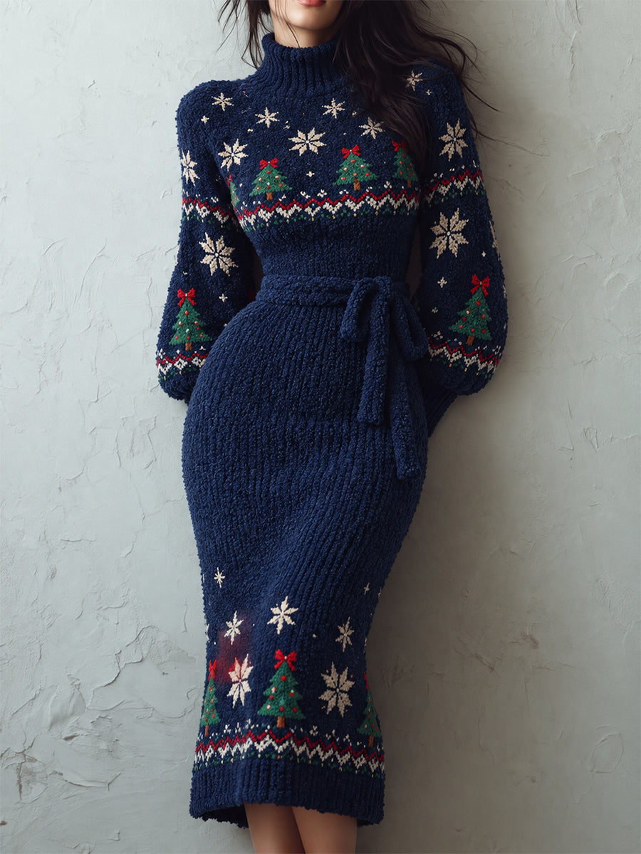 Navy Fair Isle Turtleneck Knit Dress