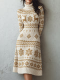 Cream Gold Fair Isle Turtleneck Knit Dress