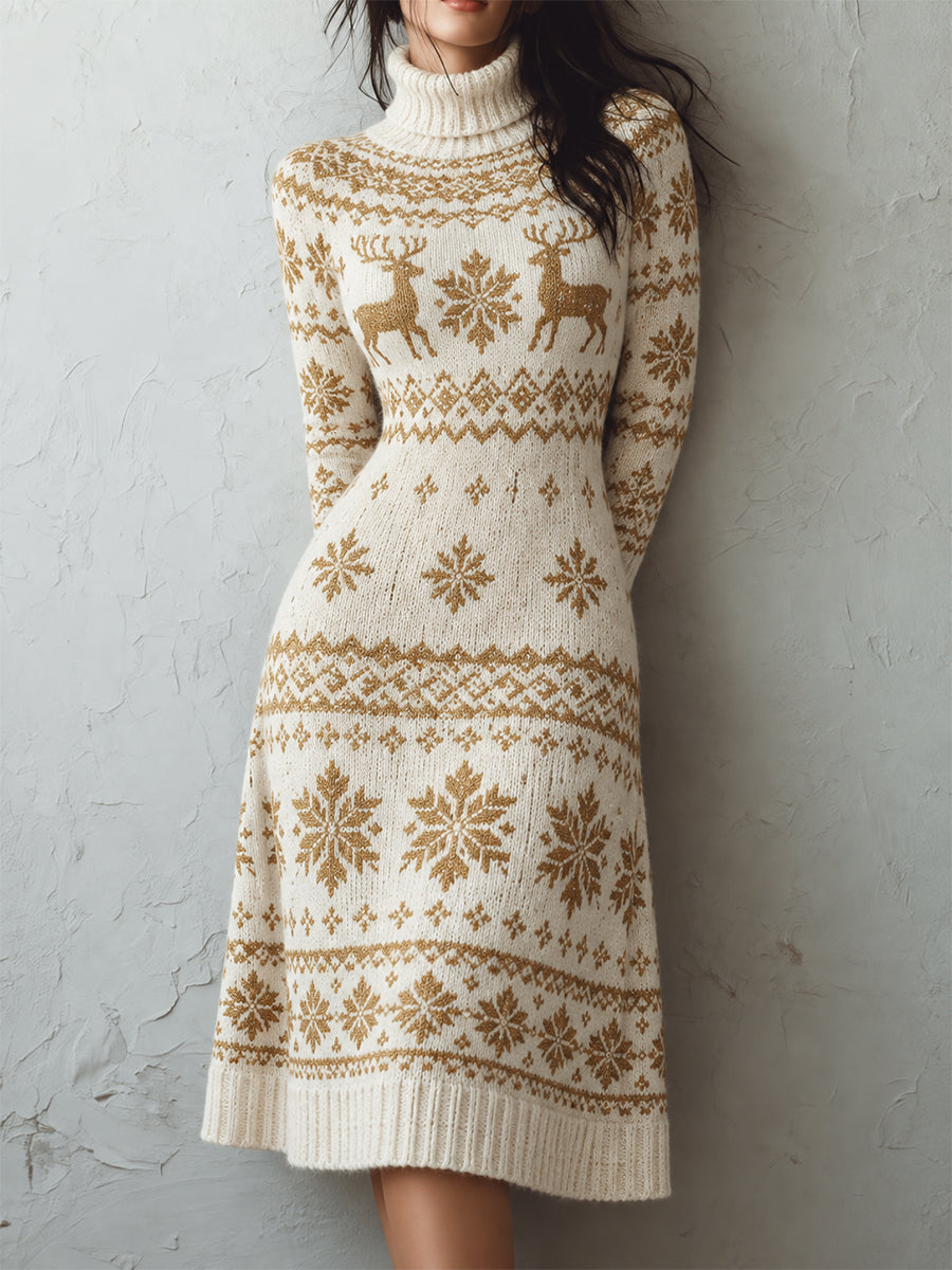 Cream Gold Fair Isle Turtleneck Knit Dress