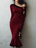 Red Ribbed Knit Off-Shoulder Midi Dress
