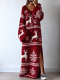 Red Fair Isle V-Neck Knit Maxi Dress