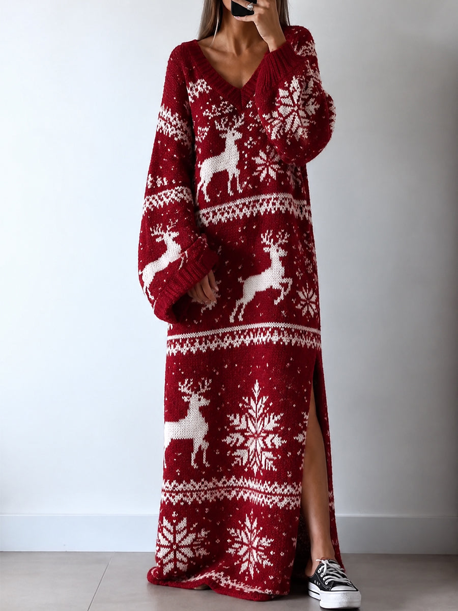 Red Fair Isle V-Neck Knit Maxi Dress