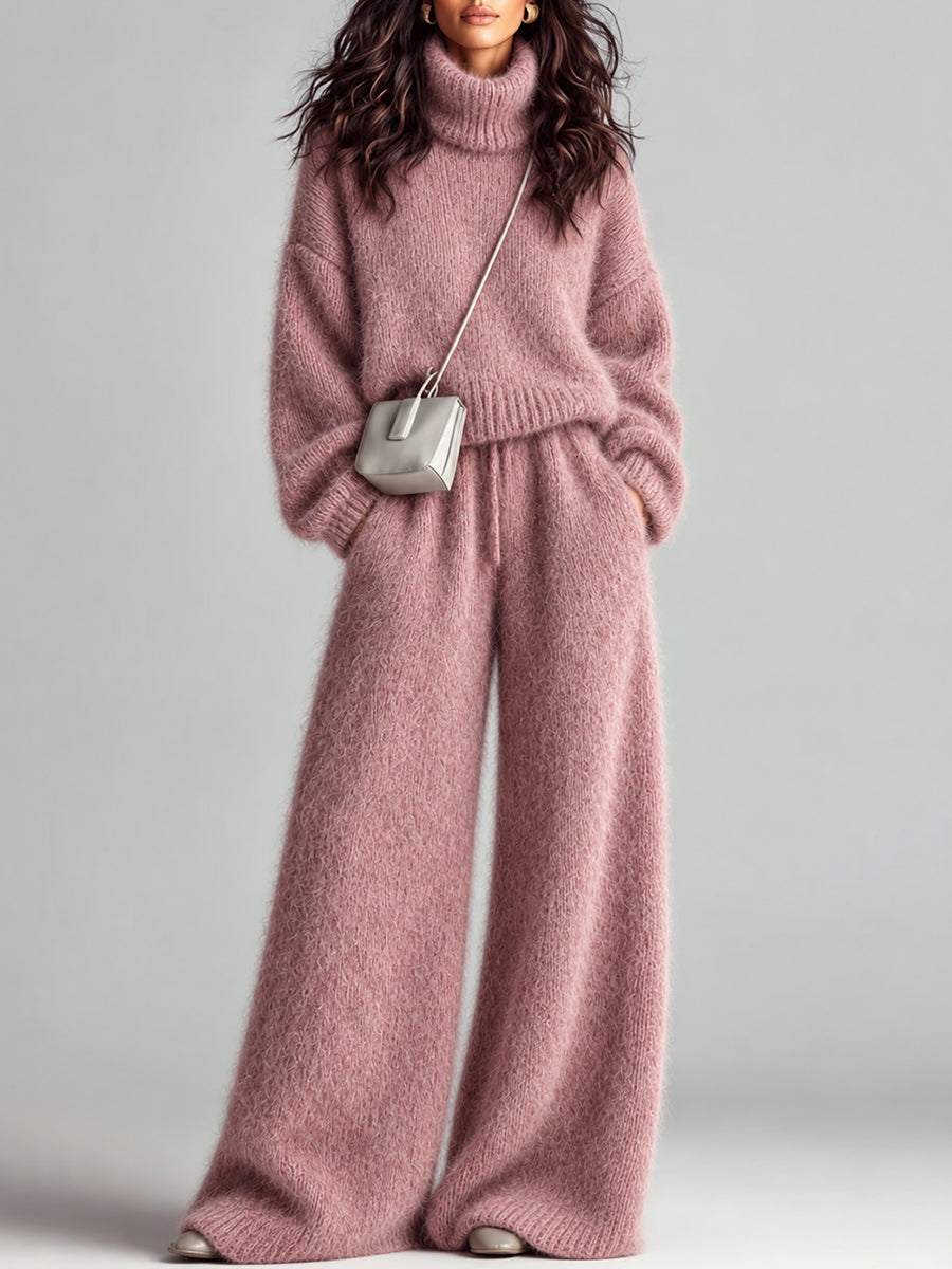 Pink Fuzzy Knit Turtleneck Sweater and Pants Set