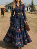 Navy Denim Embroidered Maxi Dress