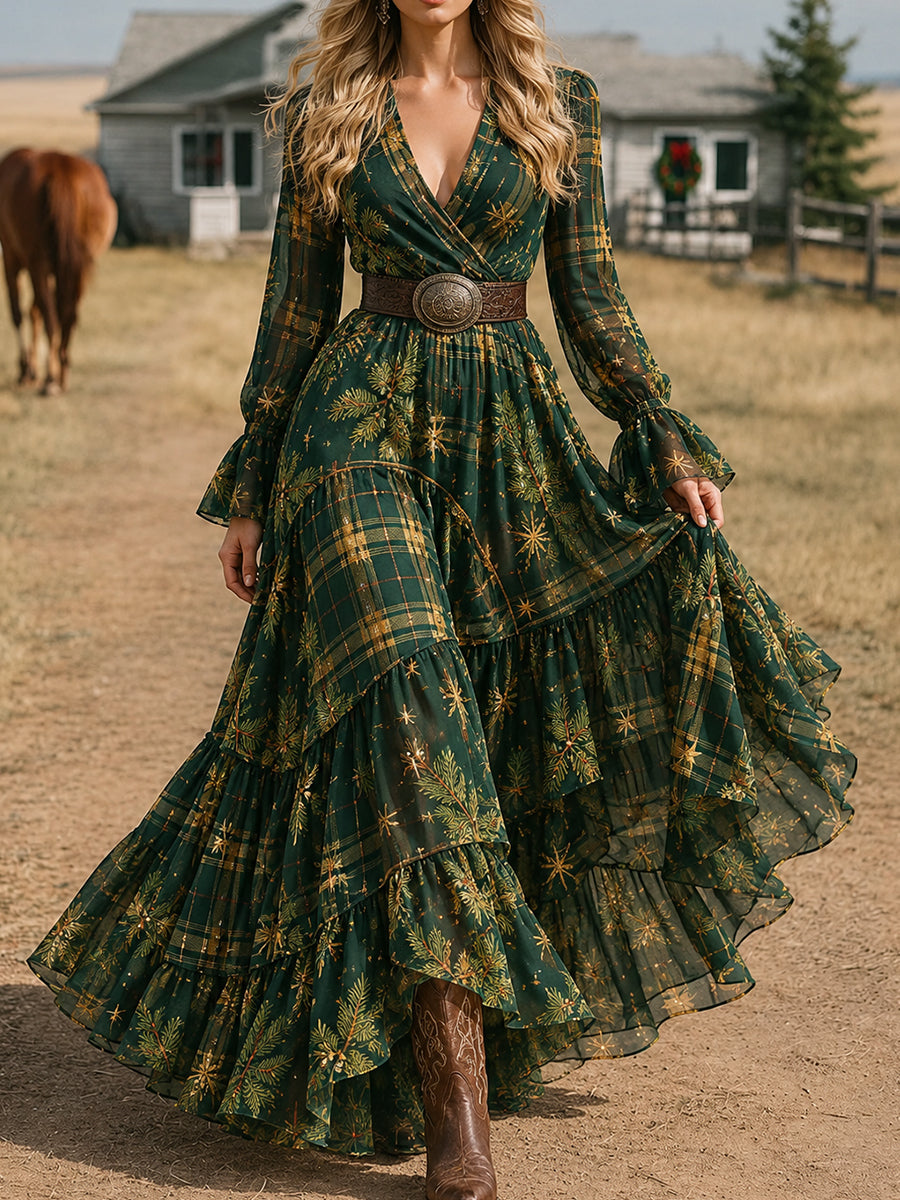 Green Plaid Tulle Tiered Maxi Dress