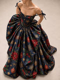 Navy Christmas Print Taffeta Ball Gown