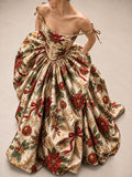 Cream Christmas Print Ball Gown