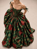 Green Christmas Print Ball Gown