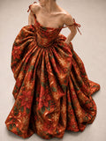 Rust Christmas Print Ball Gown