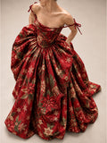 Red Christmas Print Ball Gown