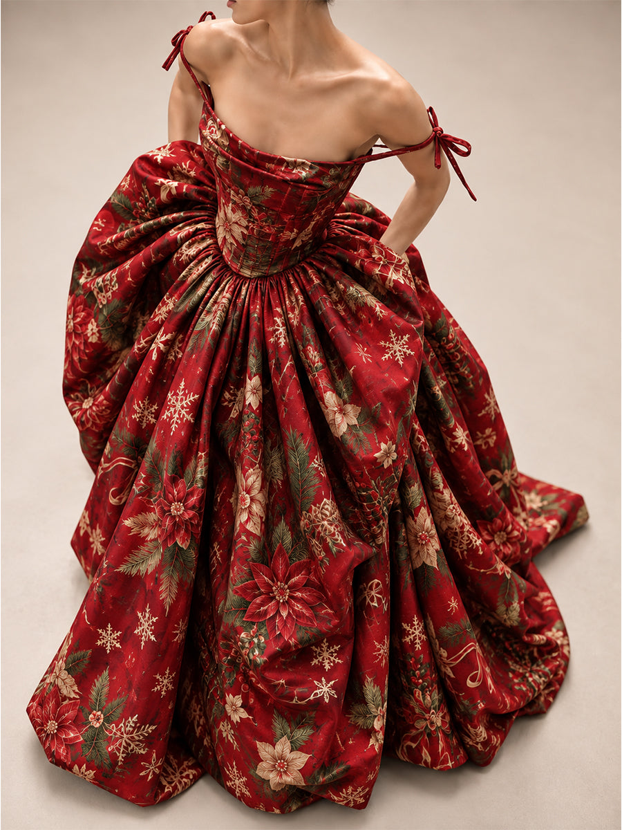 Red Christmas Print Ball Gown