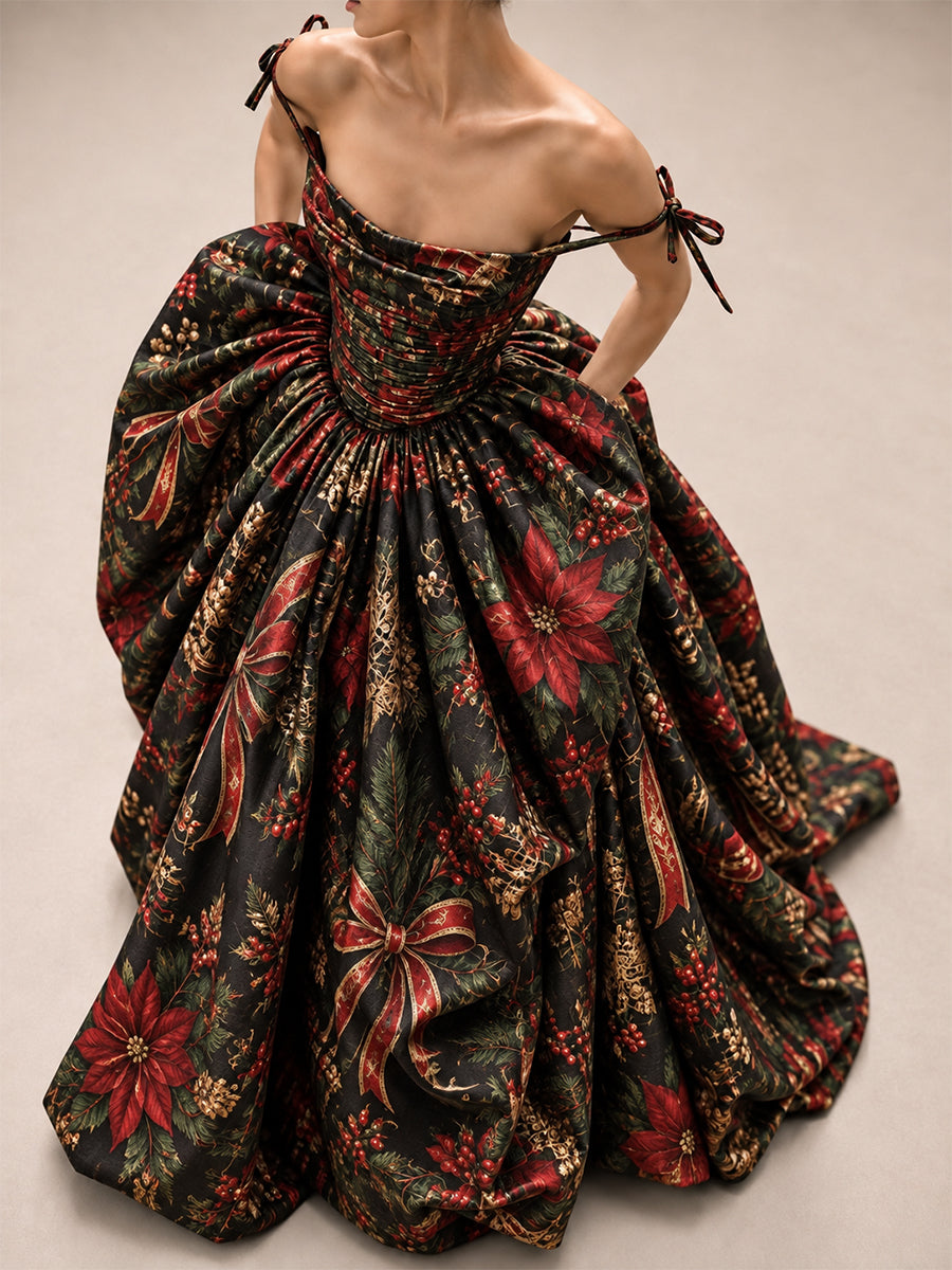 Black Christmas Print Ball Gown