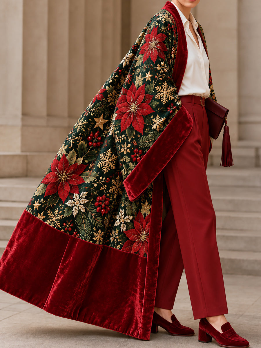 Green Poinsettia Print Velvet Trim Cape