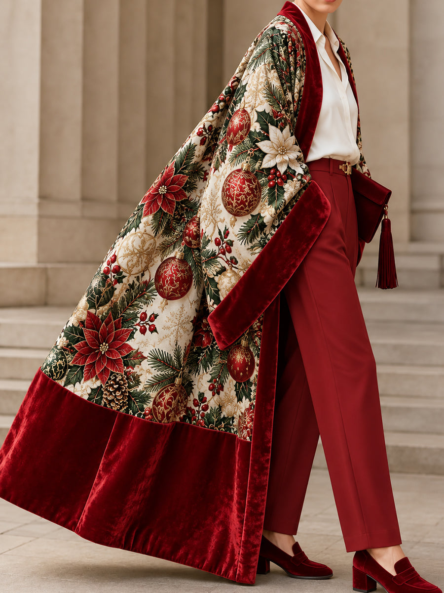 Cream Ornament Print Velvet Trim Cape