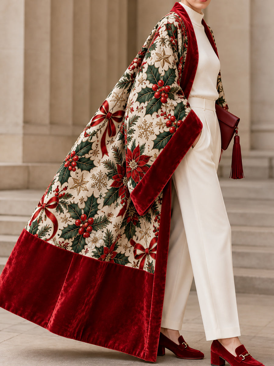 Cream Ribbon Print Velvet Trim Cape