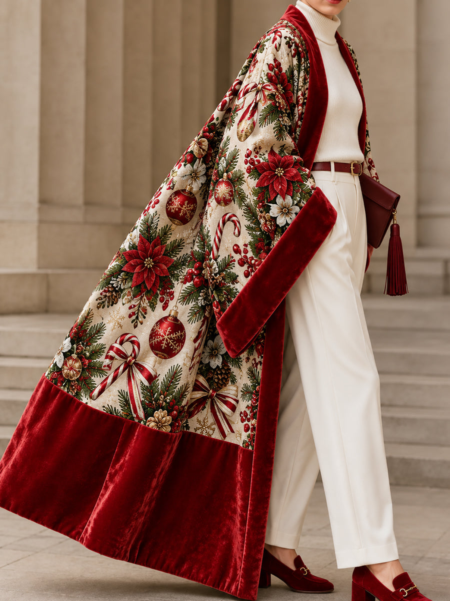 Cream Candy Cane Print Velvet Trim Cape