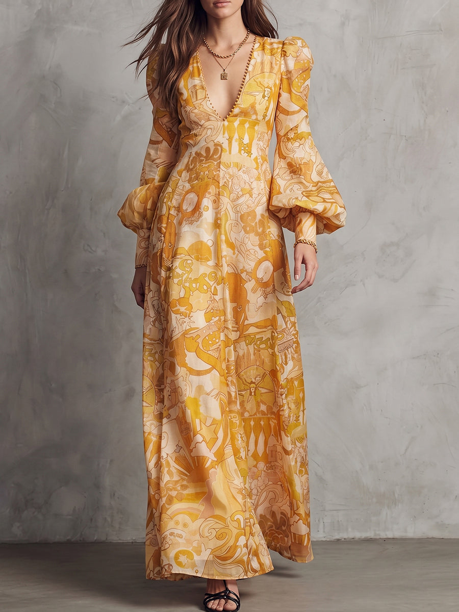 Yellow Abstract Print Chiffon Maxi Dress