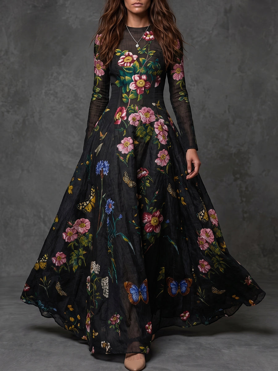 Black Floral Embroidered Sheer Maxi Dress