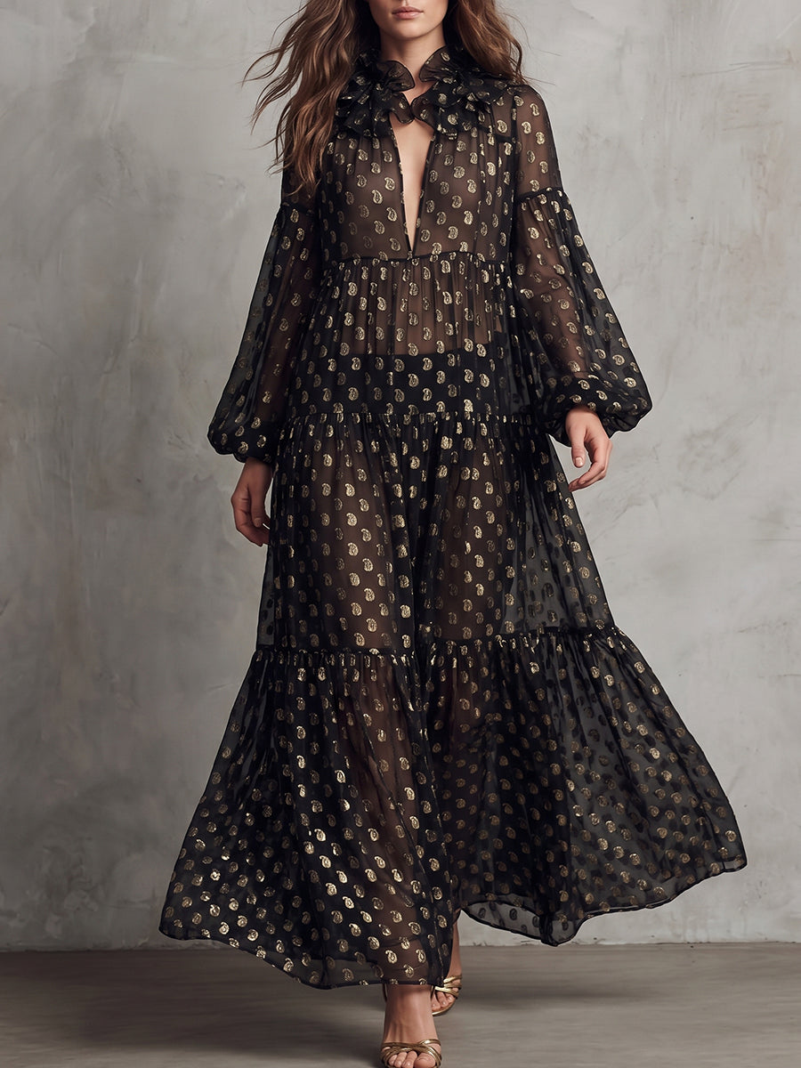 Black Gold Paisley Print Maxi Dress