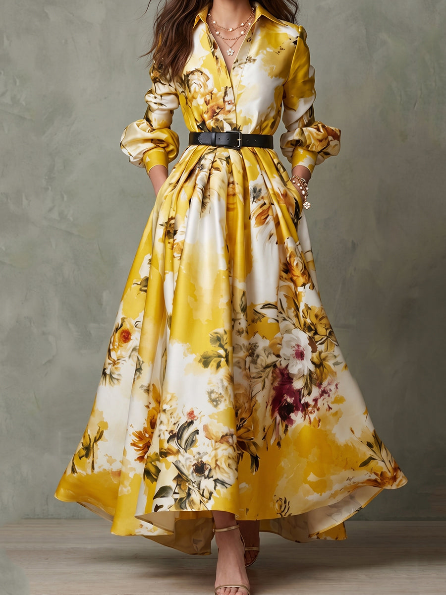 Yellow Floral Satin Maxi Dress