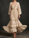 Cream Gold Embroidered Chiffon Maxi Dress