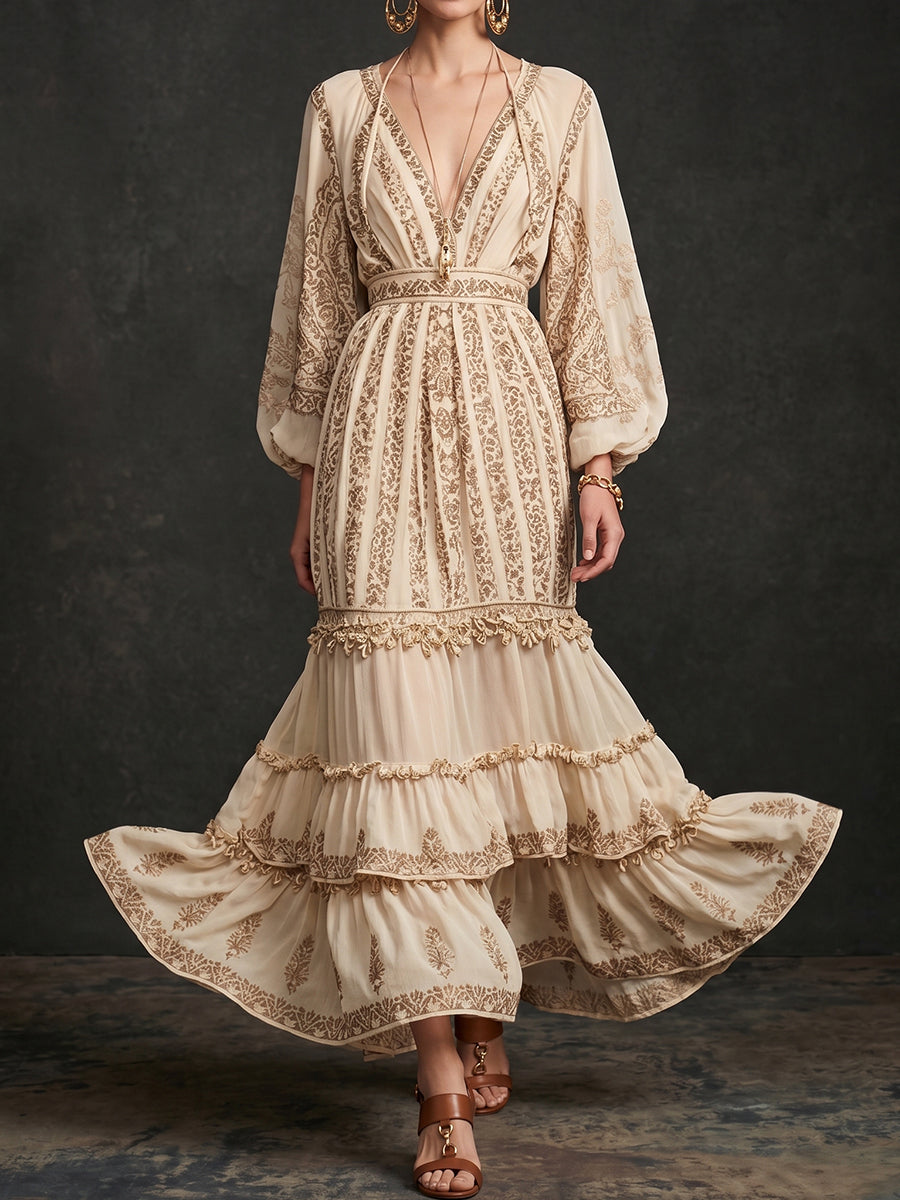 Cream Gold Embroidered Chiffon Maxi Dress