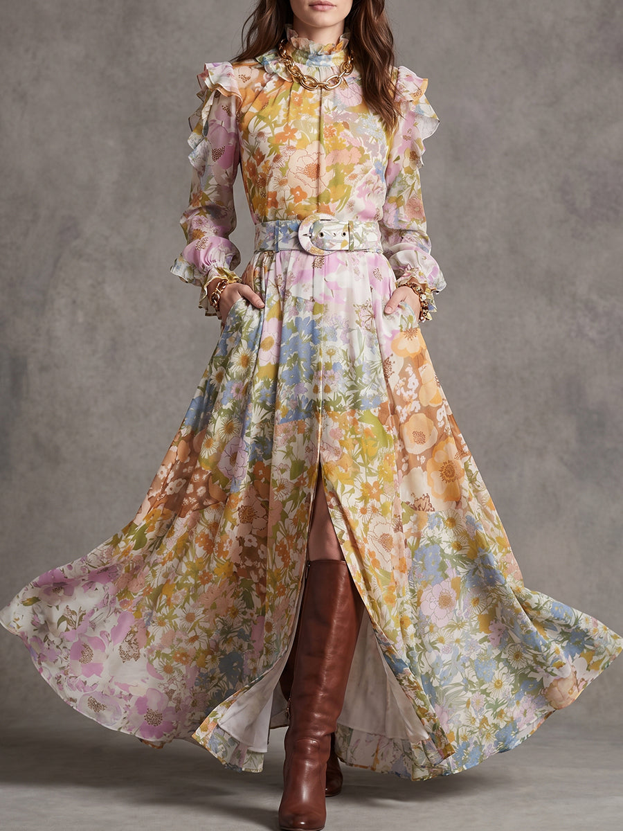 Multicolor Floral Chiffon Maxi Dress