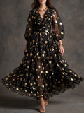 Black Gold Metallic Dot Tiered Maxi Dress
