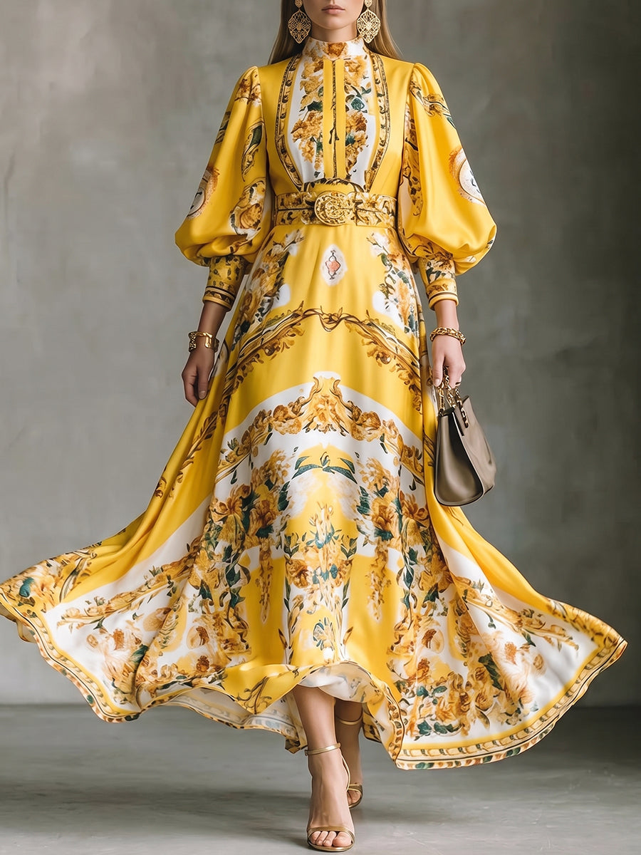 Yellow Baroque Floral Satin Maxi Dress