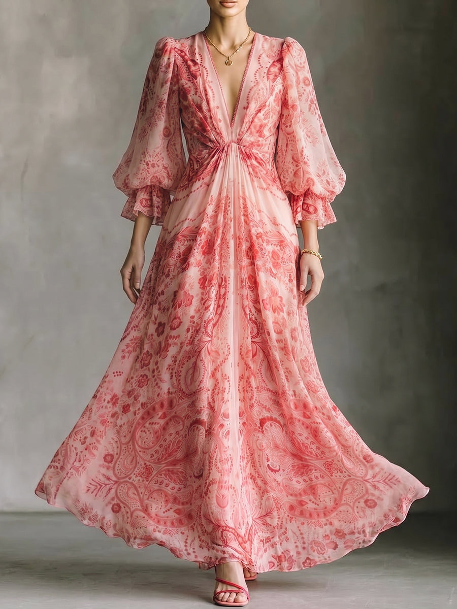 Pink Paisley Chiffon Maxi Dress