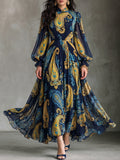 Navy Gold Paisley Chiffon Maxi Dress