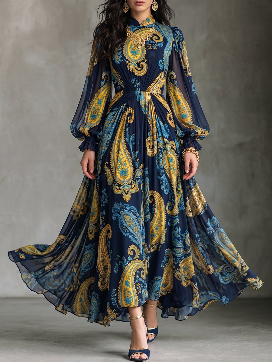 Navy Gold Paisley Chiffon Maxi Dress